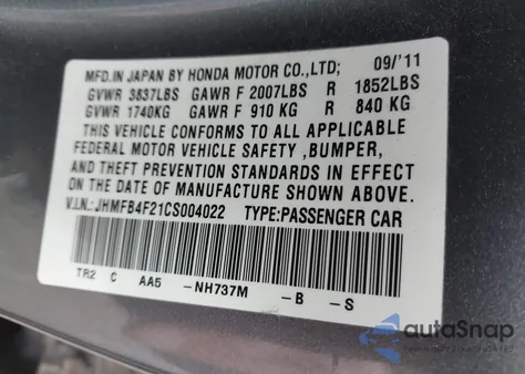 2012 Honda Civic Hybrid from USA, damaged, VIN JHMFB4F21CS004022